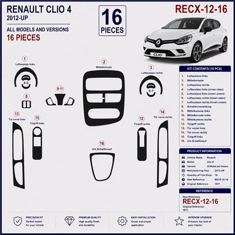 Renault Clio-4 2012+ kit cruscotto 3D, 16 pezzi 2