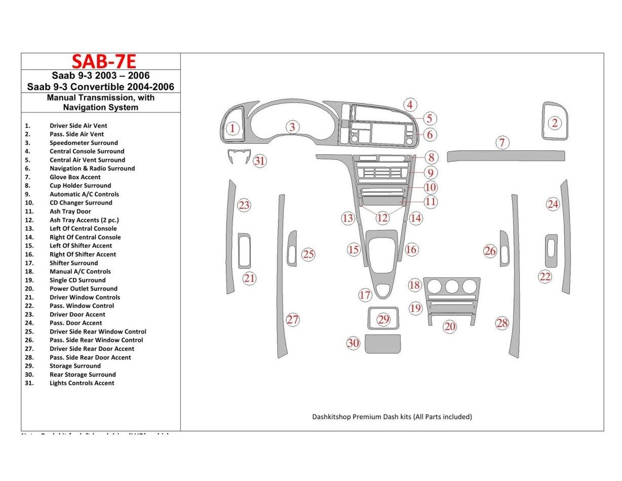 Saab 9-3 2003-2006 Manual Gear Box, With NAVI Cruscotto BD Rivestimenti interni