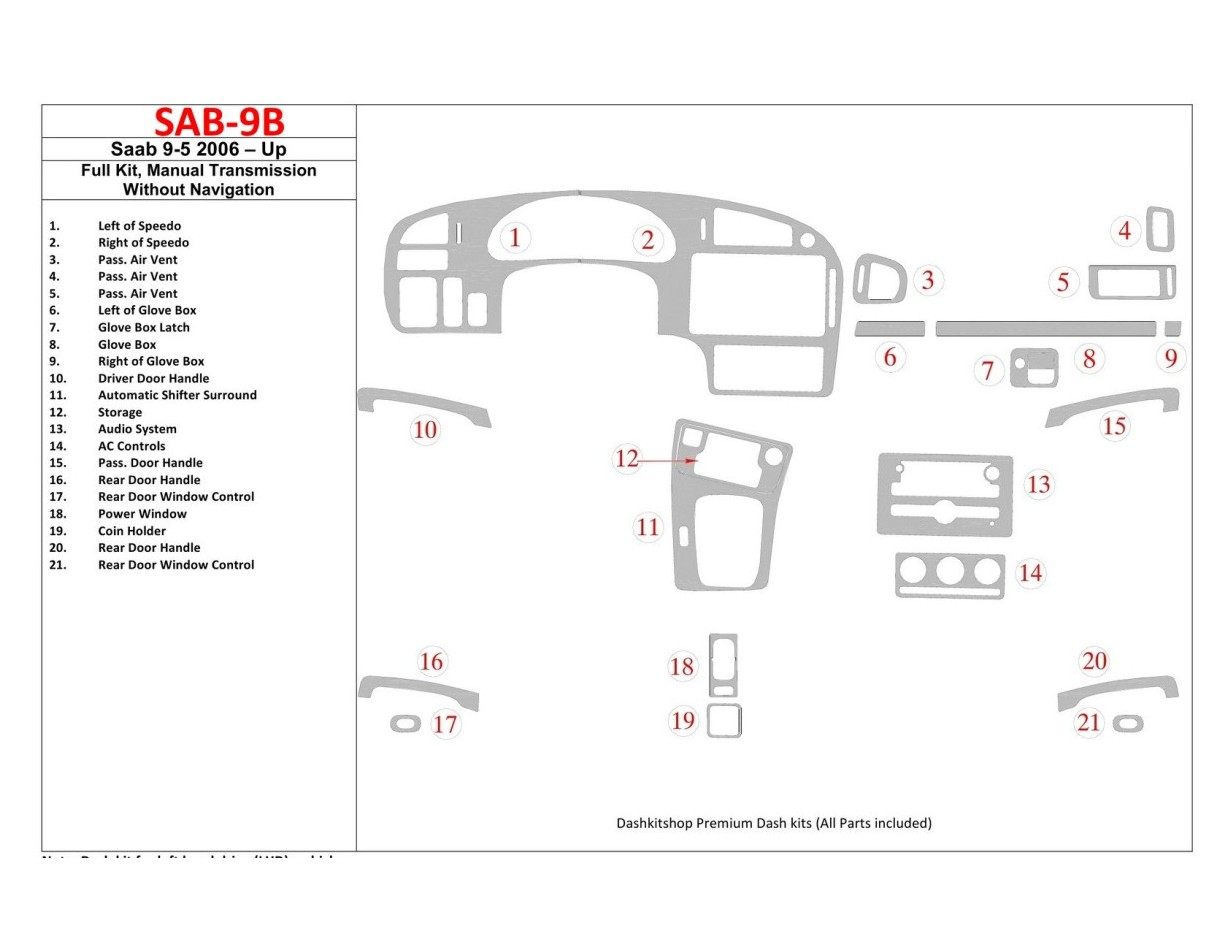 Saab 9-5 2006-UP Full Set, Manual Gear Box, Without NAVI Cruscotto BD Rivestimenti interni
