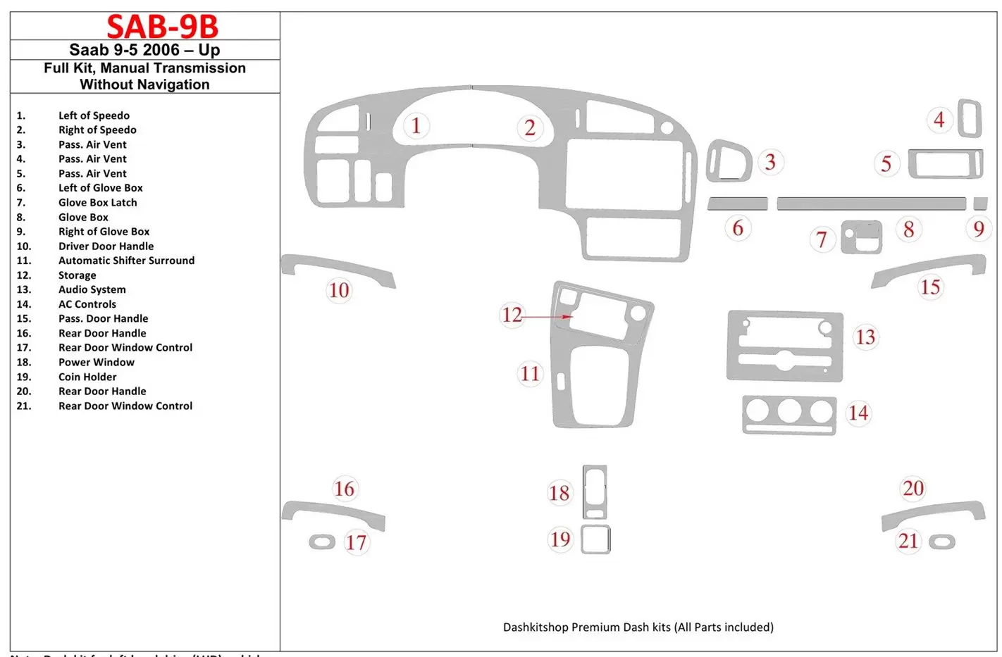 Saab 9-5 2006-UP Full Set, Manual Gear Box, Without NAVI Cruscotto BD Rivestimenti interni