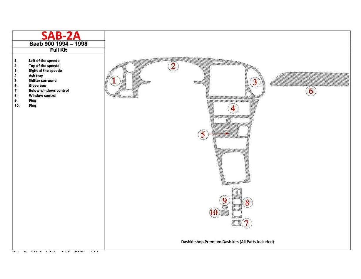 Saab 900 1994-1998 Full Set, 10 Parts set Cruscotto BD Rivestimenti interni
