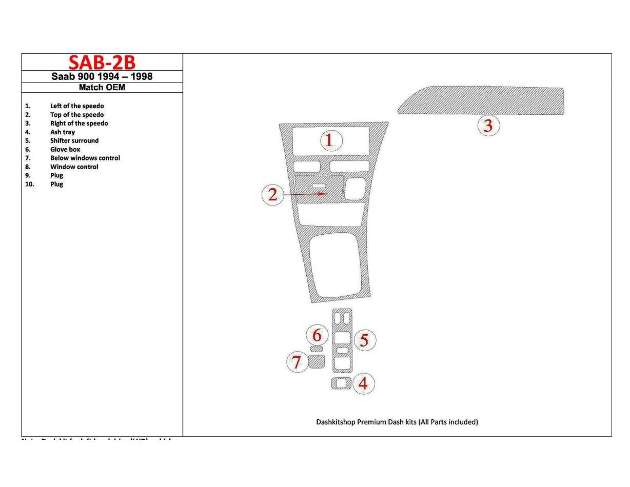 Saab 900 1994-1998 OEM Compliance, 7 Parts set Cruscotto BD Rivestimenti interni
