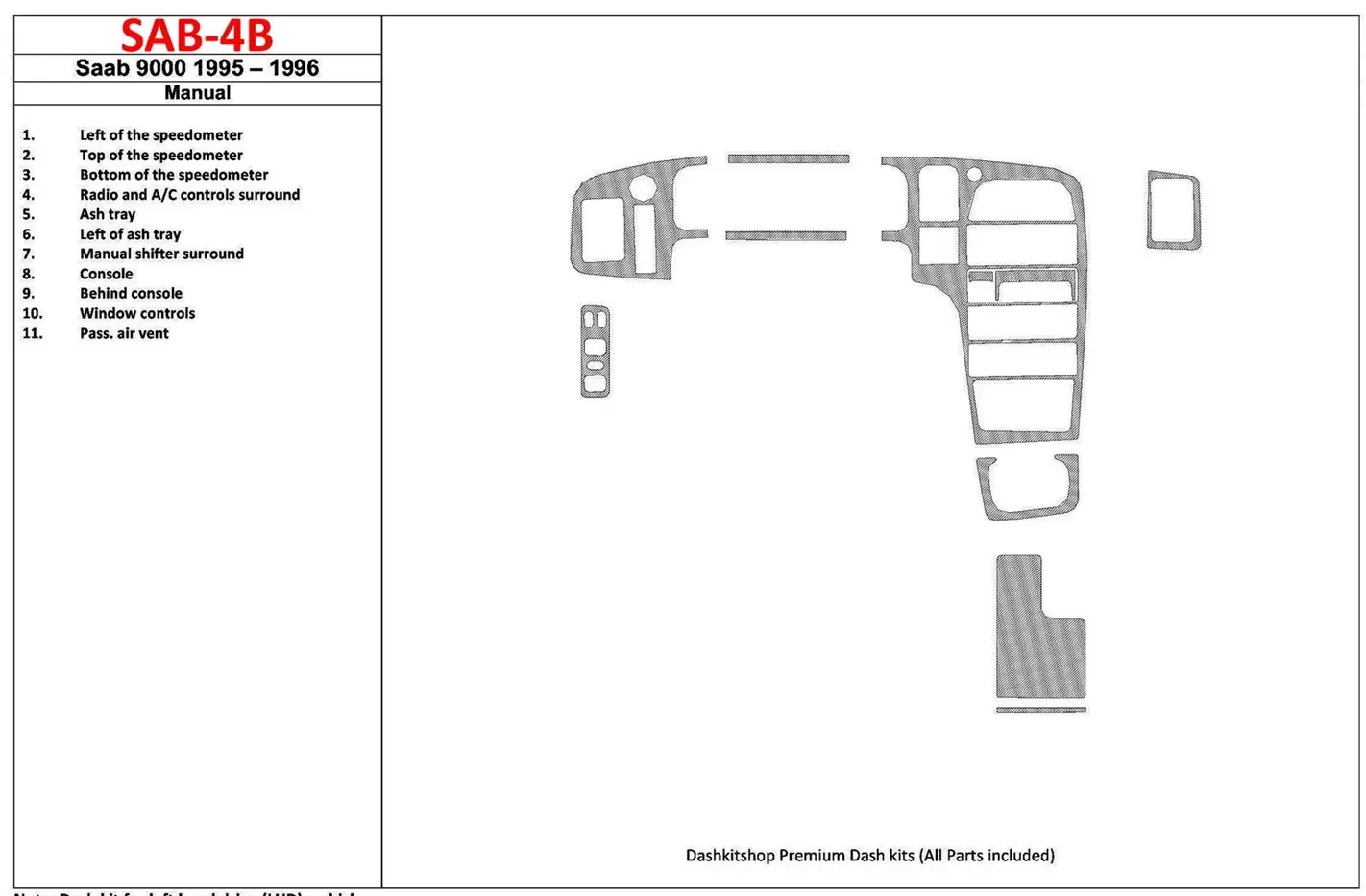 Saab 9000 1995-1996 Manual Gearbox, 11 Parts set Cruscotto BD Rivestimenti interni