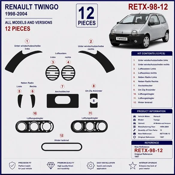 Renault Twingo 1998-2004 kit cruscotto 3D, 12 pezzi