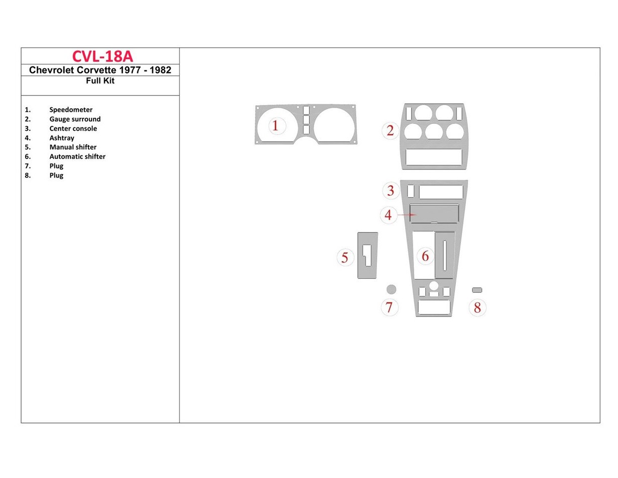 Chevrolet Corvette 1982-1982 Full Set, Automatic Gear Cruscotto BD Rivestimenti interni