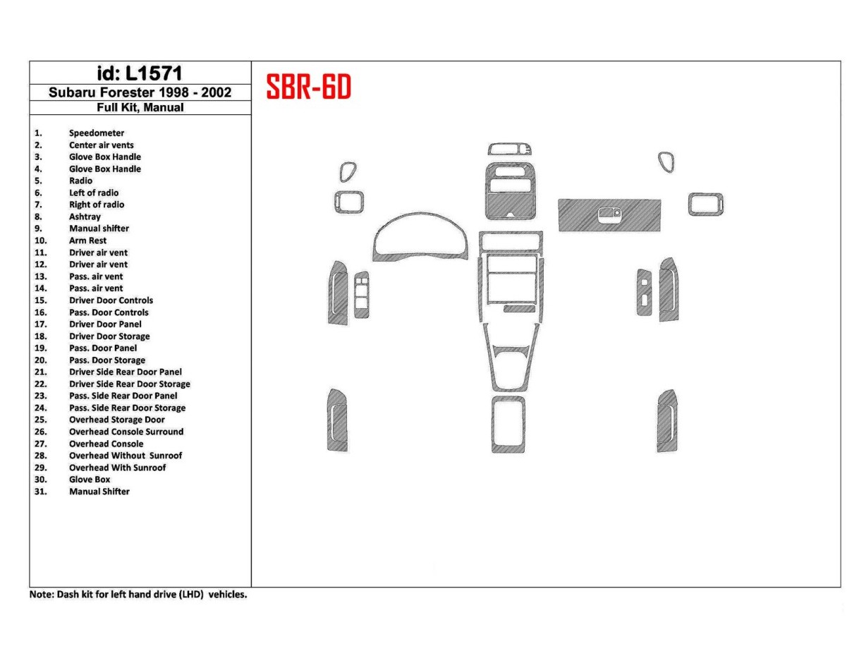 Subaru Forester 1998-2002 Manual Gearbox, Full Set, 31 Parts set Cruscotto BD Rivestimenti interni