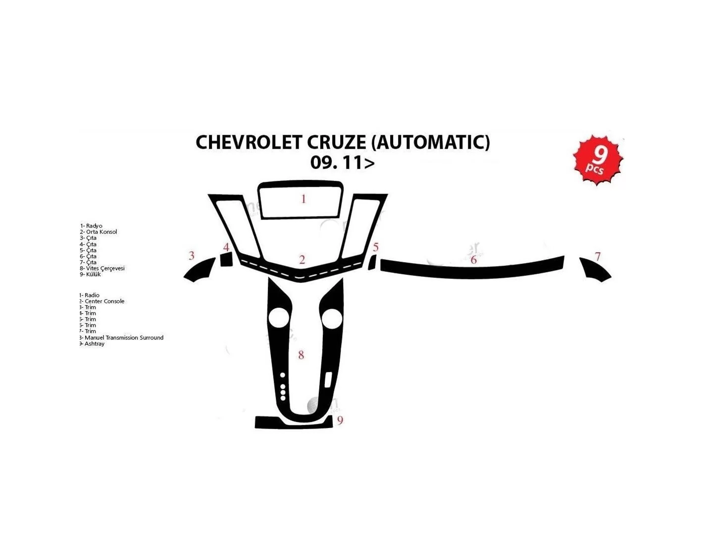 Chevrolet Cruse Automatic 01.2009 Kit Rivestimento Cruscotto all'interno del veicolo Cruscotti personalizzati 9-Decori