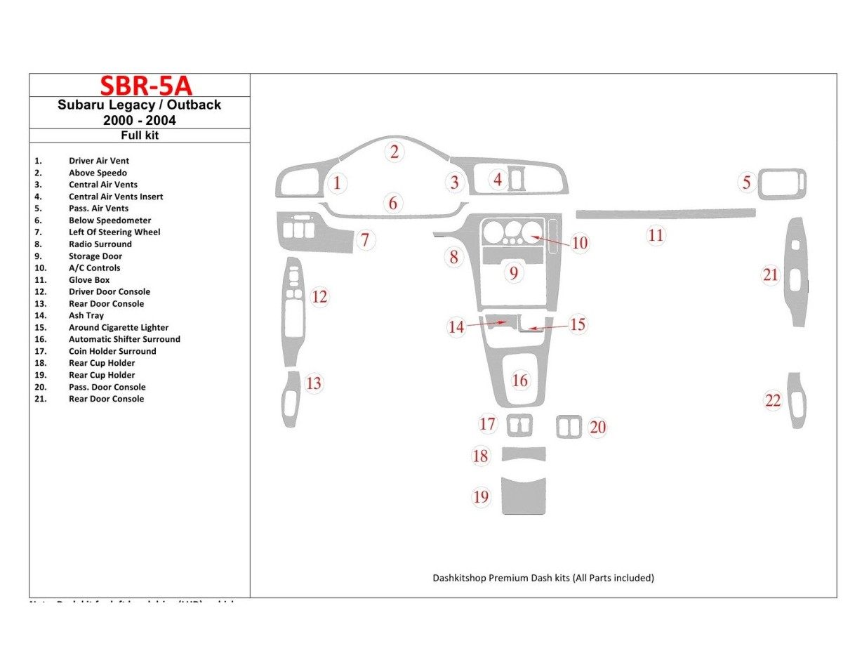 Subaru Legacy Outback 2000-2004 Without OEM Wood Kit Cruscotto BD Rivestimenti interni