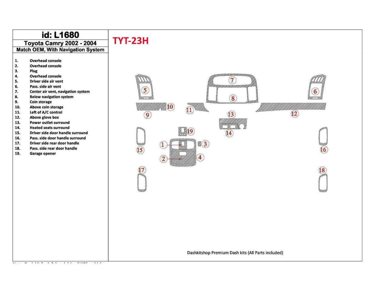 Toyota Camry 2002-2004 OEM Compliance, With NAVI system Cruscotto BD Rivestimenti interni