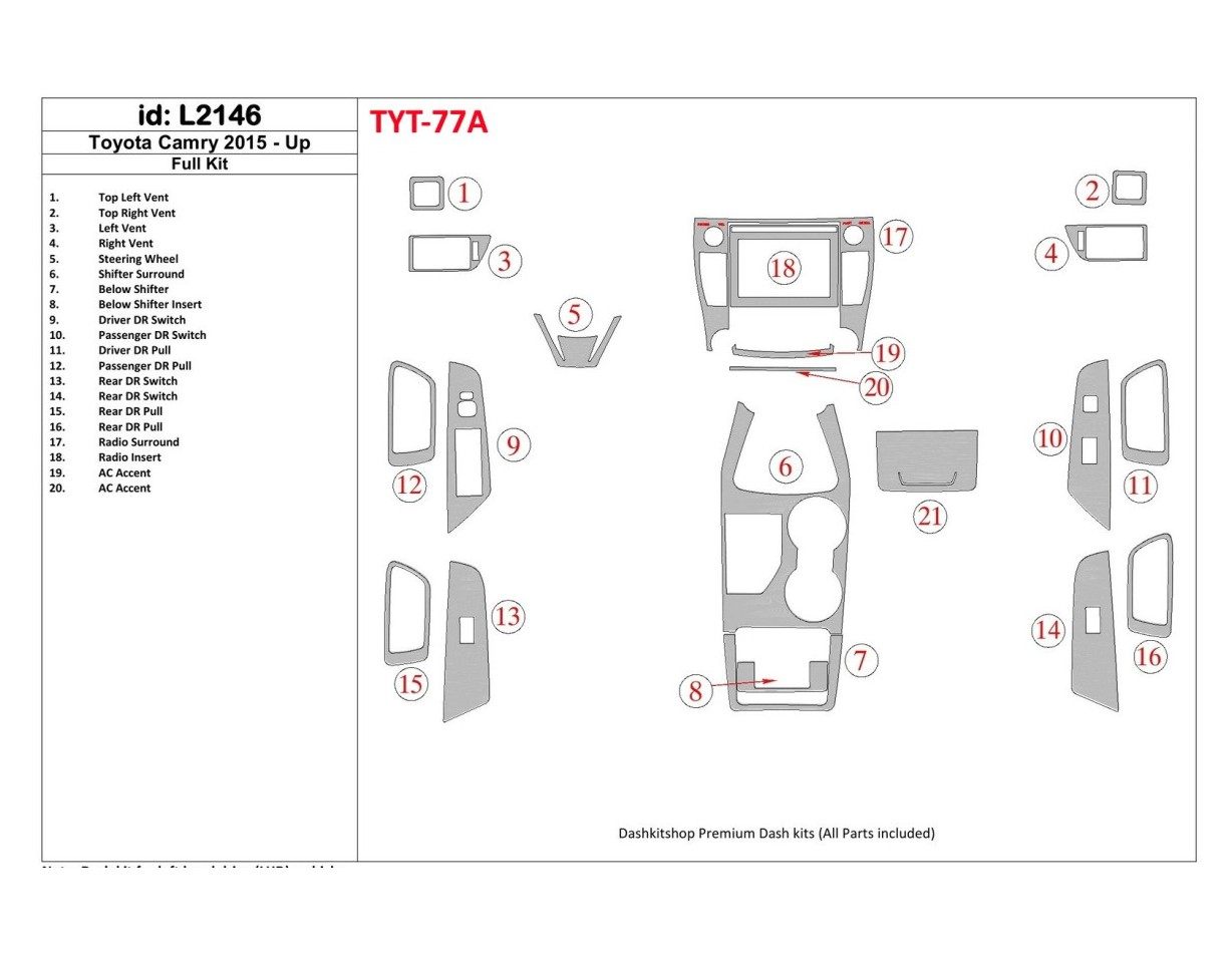 Toyota Camry 2015-UP Full Set Cruscotto BD Rivestimenti interni