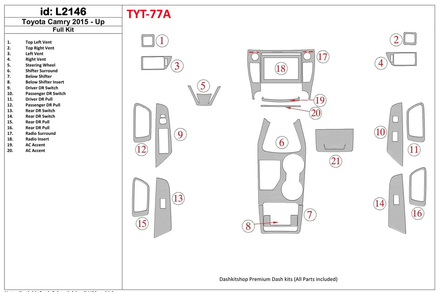 Toyota Camry 2015-UP Full Set Cruscotto BD Rivestimenti interni