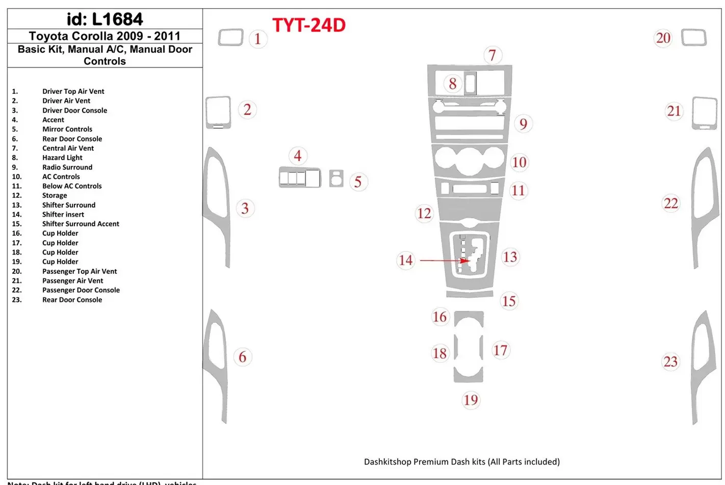 Toyota Corolla 2009-UP Basic Set, Manual Gearbox Doors Controls Cruscotto BD Rivestimenti interni