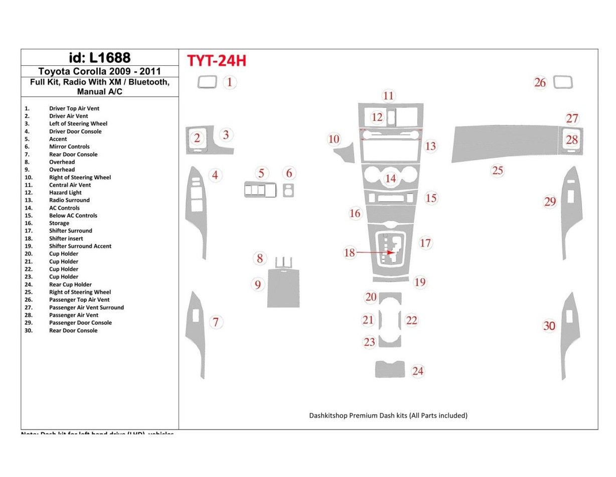 Toyota Corolla 2009-UP Full Set, Radio With Bluetooth, Manual Gearbox AC Cruscotto BD Rivestimenti interni