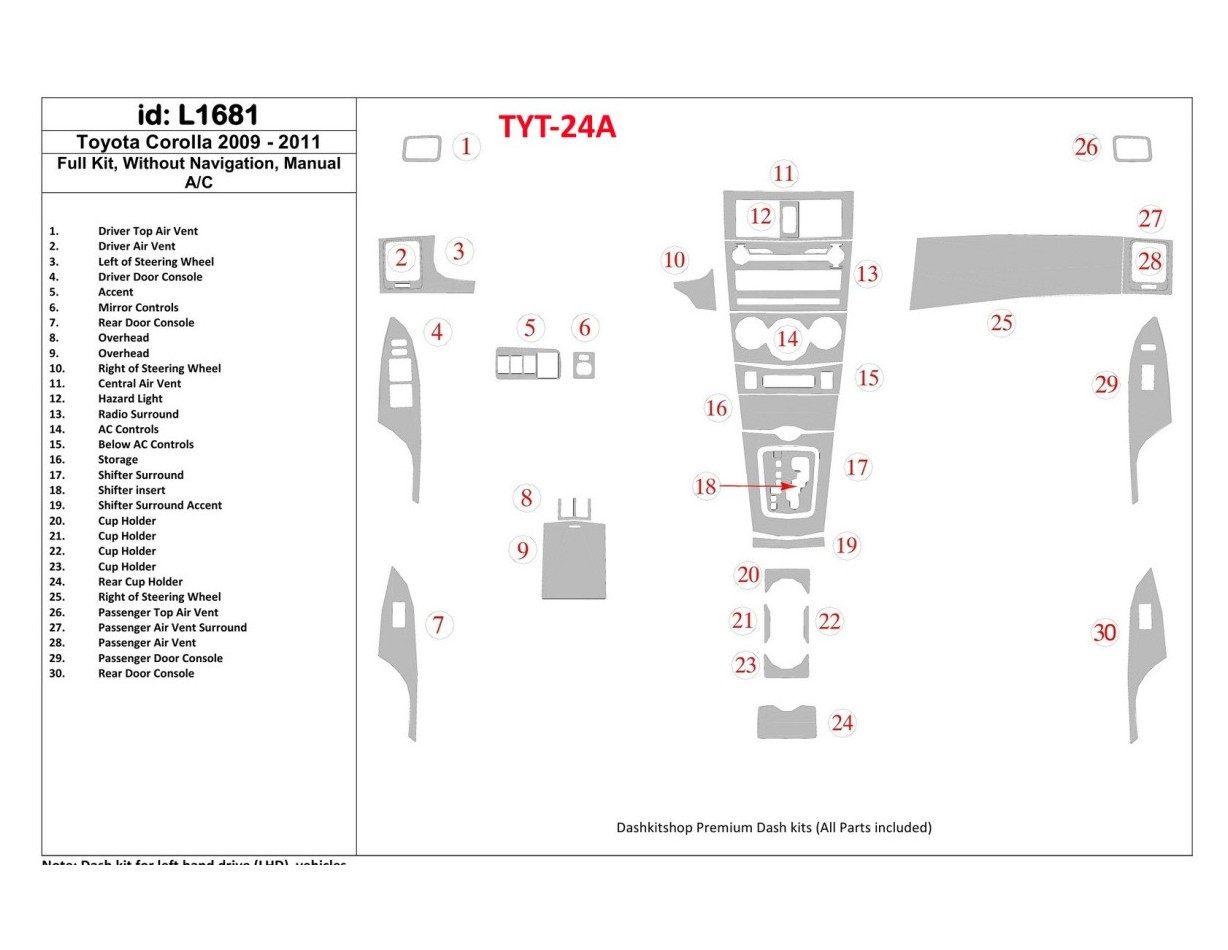 Toyota Corolla 2009-UP Full Set, Without NAVI Cruscotto BD Rivestimenti interni