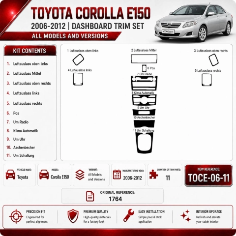 Toyota Corolla E150 2006-2012 kit rivestimento cruscotto e interni 3D 11 pezzi