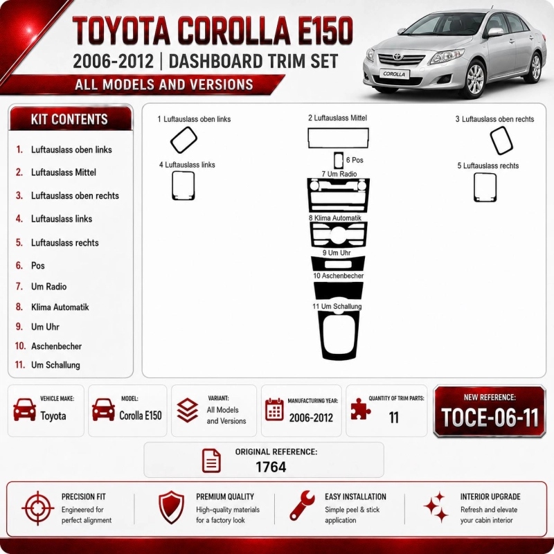 Toyota Corolla E150 2006-2012 kit rivestimento cruscotto e interni 3D 11 pezzi