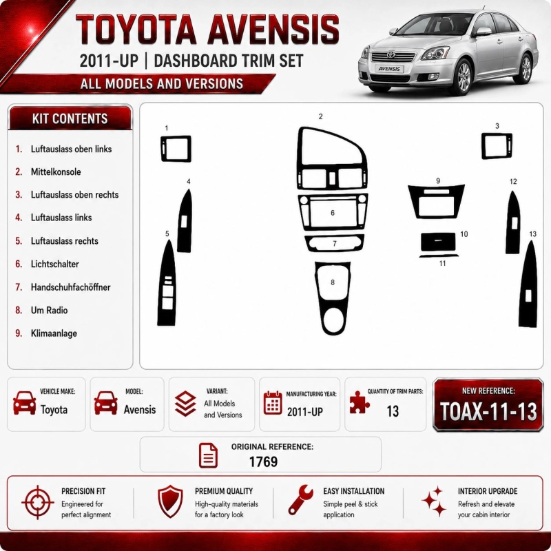 Toyota Avensis 2011-in poi kit rivestimento cruscotto e interni 3D 13 pezzi