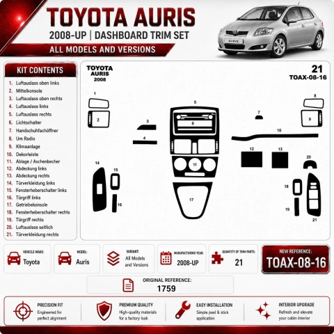 Toyota Auris 2008-in poi kit rivestimento cruscotto e interni 3D 16 pezzi