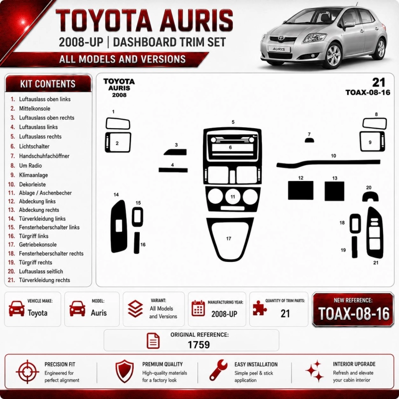 Toyota Auris 2008-in poi kit rivestimento cruscotto e interni 3D 16 pezzi