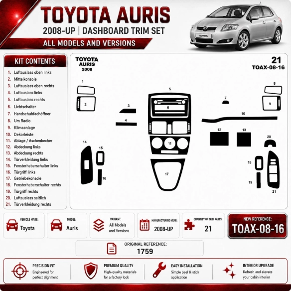 Toyota Auris 2008-in poi kit rivestimento cruscotto e interni 3D 16 pezzi