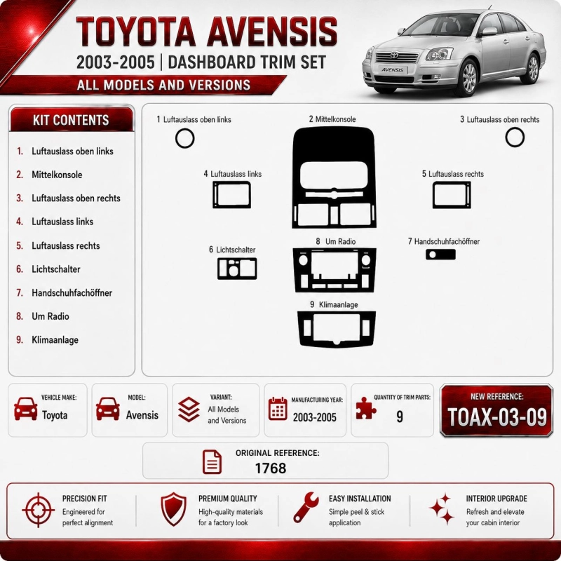 Toyota Avensis 2003-2005 kit rivestimento cruscotto e interni 3D 9 pezzi