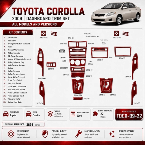 Toyota Corolla 2009 kit rivestimento cruscotto e interni 3D 22 pezzi