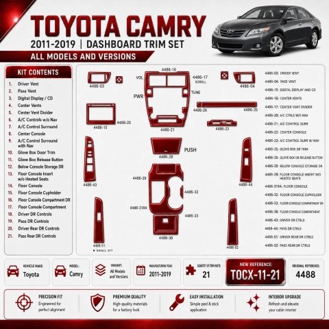 Toyota Camry 2011-2019 kit rivestimento cruscotto e interni 3D 21 pezzi