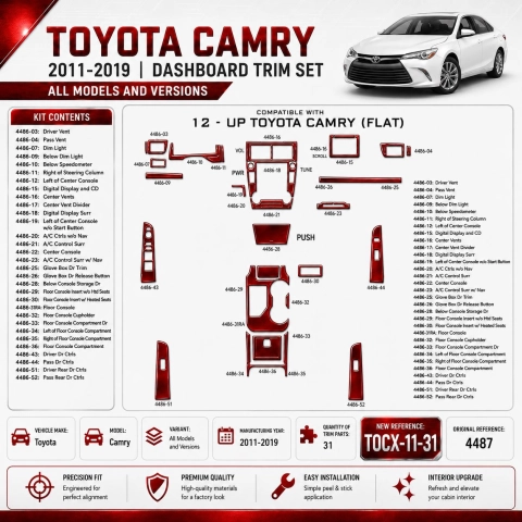 Toyota Camry 2011-2019 kit rivestimento cruscotto e interni 3D 31 pezzi