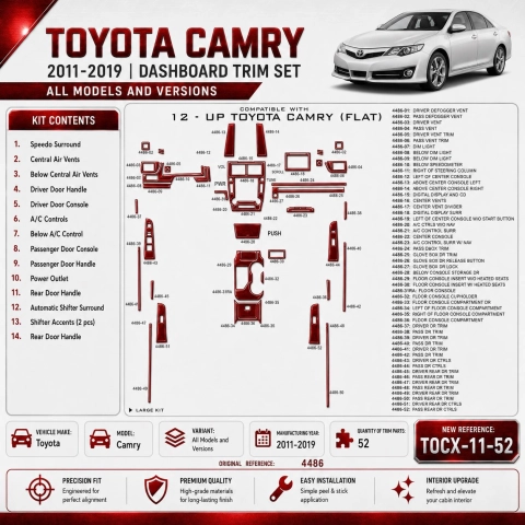 Toyota Camry 2011-2019 kit rivestimento cruscotto e interni 3D 52 pezzi