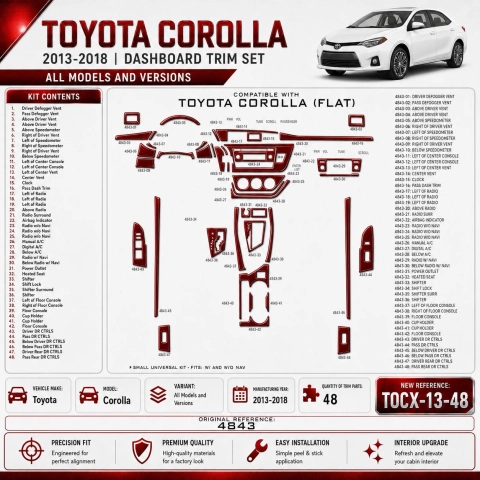 Toyota Corolla 2013-2018 kit rivestimento cruscotto e interni 3D 48 pezzi