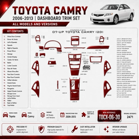 Toyota Camry 2006-2013 kit rivestimento cruscotto e interni 3D 30 pezzi
