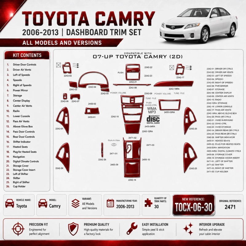 Toyota Camry 2006-2013 kit rivestimento cruscotto e interni 3D 30 pezzi