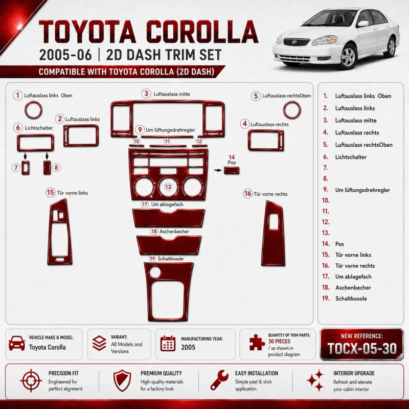 Toyota Corolla 2005 kit rivestimento cruscotto e interni 3D 30 pezzi