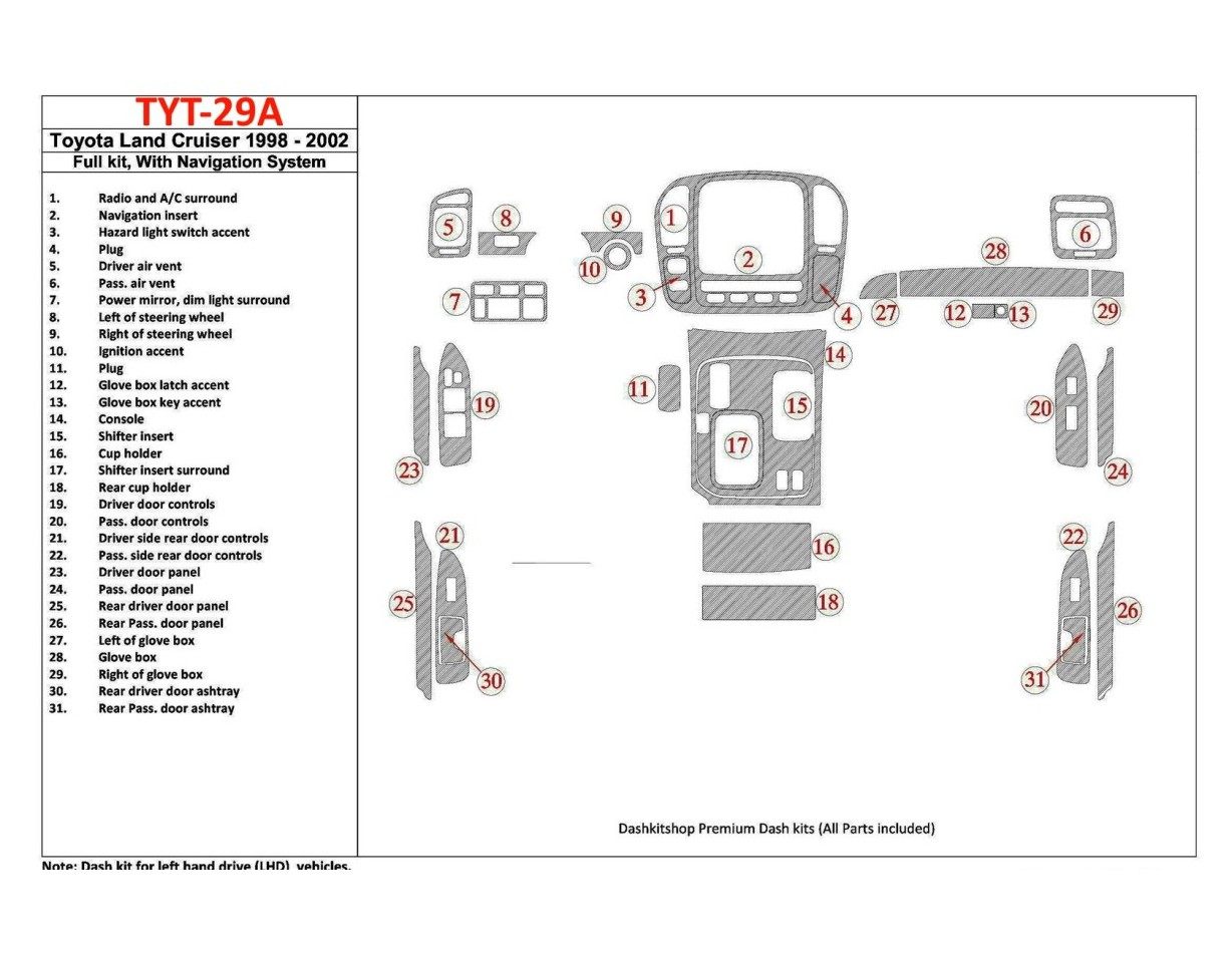 Toyota Land Cruiser 1998-2002 With NAVI, 31 Parts set Cruscotto BD Rivestimenti interni
