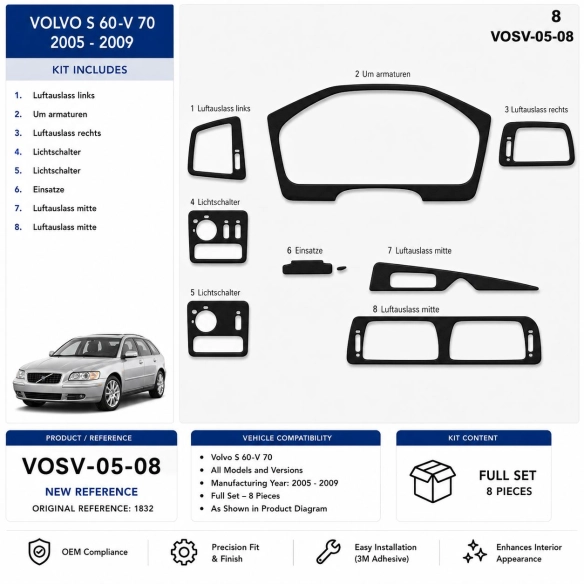 Volvo S 60-V 70 2005-2009 kit rivestimento cruscotto e interni 3D 8 pezzi