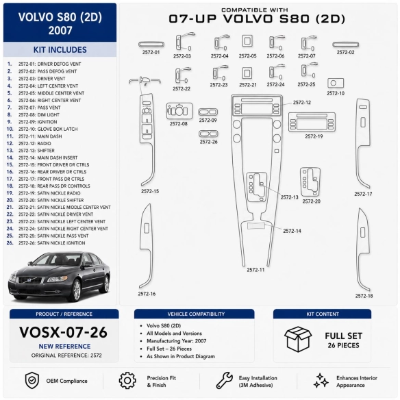 Volvo S80 2007 kit rivestimento cruscotto e interni 3D 26 pezzi