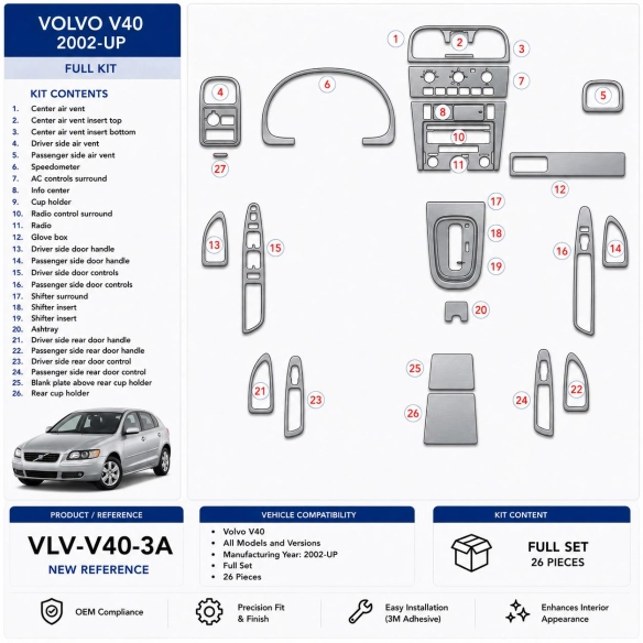 Volvo V40 2002-in poi set completo kit rivestimento cruscotto e interni 3D 26 pezzi