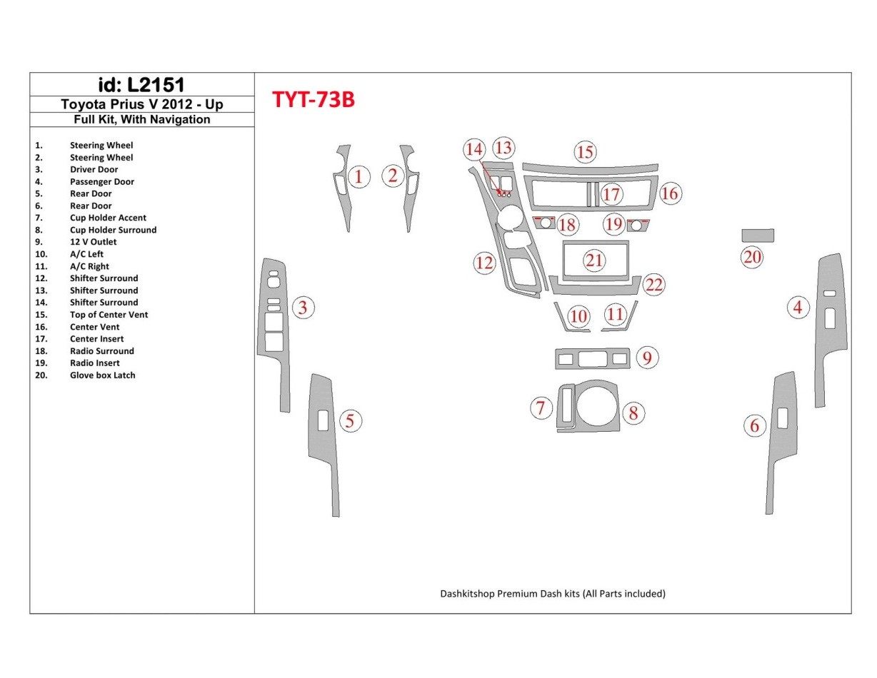 Toyota Pius V 2012-UP Full Set, With NAVI Cruscotto BD Rivestimenti interni