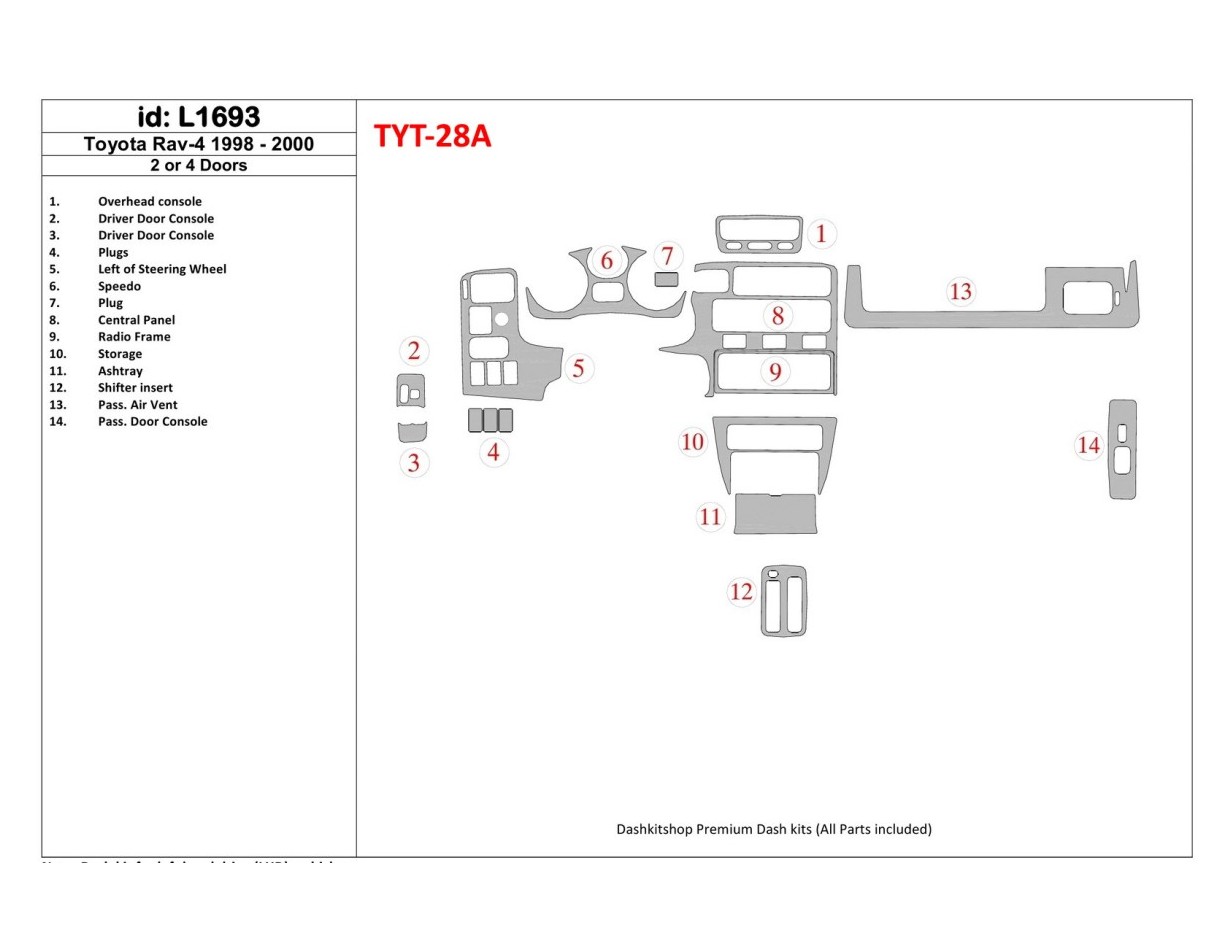 Toyota RAV-4 1998-2000 4 Doors, 20 Parts set Cruscotto BD Rivestimenti interni
