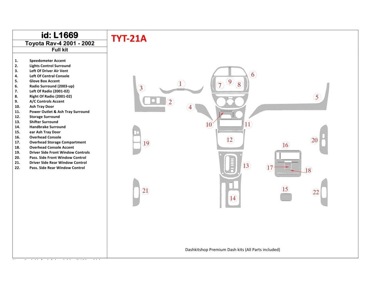 Toyota RAV-4 2001-2002 Full Set Cruscotto BD Rivestimenti interni