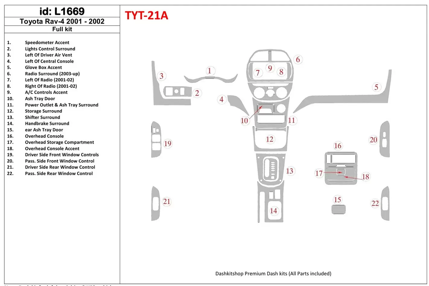Toyota RAV-4 2001-2002 Full Set Cruscotto BD Rivestimenti interni