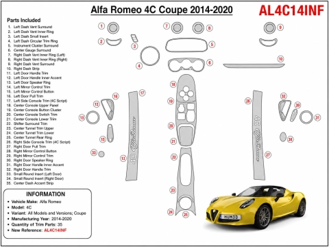 Alfa Romeo 4C Coupe 2014-2020 kit cruscotto 3D, 35 pezzi 2