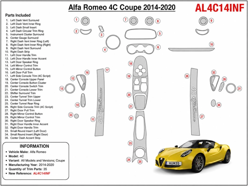 Alfa Romeo 4C Coupe 2014-2020 kit cruscotto 3D, 35 pezzi