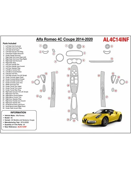 Alfa Romeo 4C Coupe 2014-2020 kit cruscotto 3D, 35 pezzi