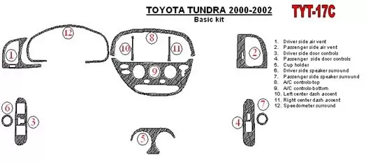 Toyota Tundra 2000-2002 2 & 4 Doors, Basic Set, 12 Parts set Cruscotto BD Rivestimenti interni