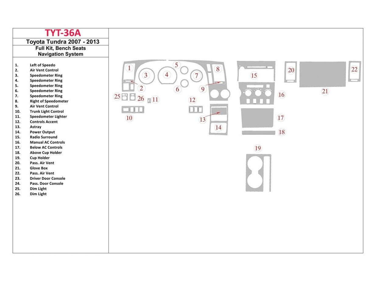Toyota Tundra 2007-UP Full Set, Bucket Seats, Manual Gearbox AC Control Cruscotto BD Rivestimenti interni