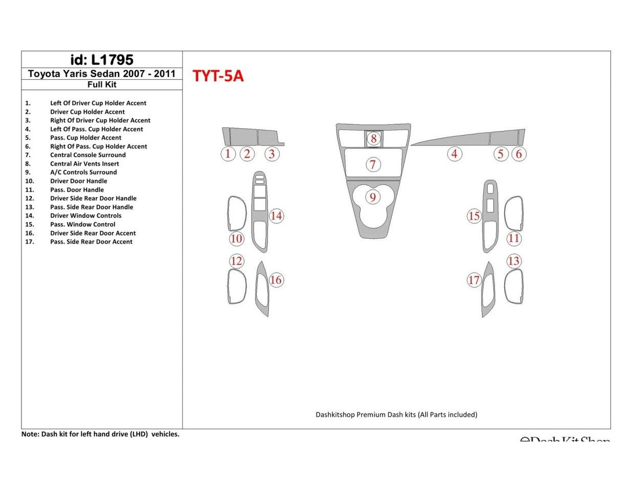 Toyota Yaris 2007-UP Full Set Cruscotto BD Rivestimenti interni