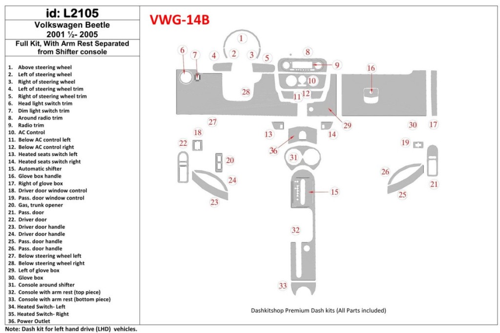 Volkswagen Beetle 2001-2005 Full Set fits Cabrio and Coupe With Armrest Cruscotto BD Rivestimenti interni Volkswagen Beetle 2001-2005 Full Set fits Cabrio and Coupe With Armrest Cruscotto BD Rivestimenti interni