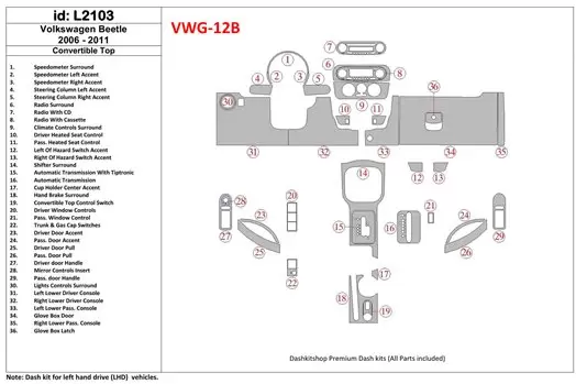 Volkswagen Beetle 2006-2011 Full Set, fits (Cabrio) Cruscotto BD Rivestimenti interni