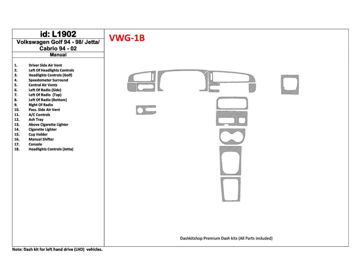 Volkswagen Cabrio 1994-2002 Manual Gearbox, 18 Parts set Cruscotto BD Rivestimenti interni Volkswagen Cabrio 1994-2002 Manual Gearbox, 18 Parts set Cruscotto BD Rivestimenti interni